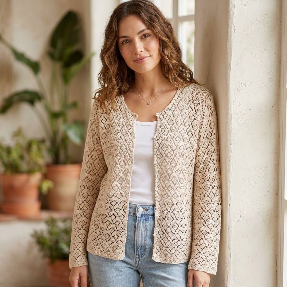 Eddie Bauer Crochet Cardigan Womens L Oatmeal Pointelle Knit Sweater Coastal